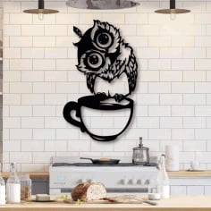 Kitchen Wall Art Owl Sitting on Cup Laser Cut Free CDR File