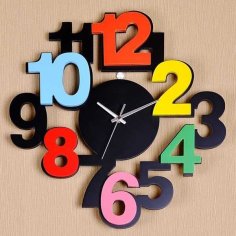 Laser Cut Multicolor Wall Clock with Big Letters Number PDF File