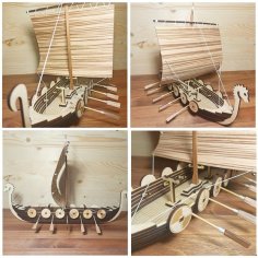 Laser Cut Plywood Viking Ship Boat 3D Wooden Model CDR File