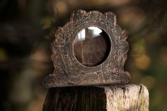 Laser Cut Round Wooden Mirror Frame Decorative Engraved Design CDR File