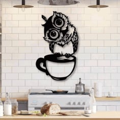 Laser Cut Wall Art Owl Sitting On Cup Free CDR Vectors File