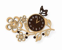Laser Cut Wall Clock Flowering Branch with a Butterfly CDR File