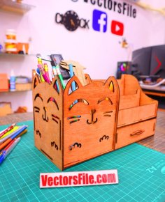 Laser Cut Wooden Cat Face Pen and Pencil Holder Office Desk Organizer DXF and CDR File