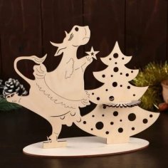 Laser Cut Wooden Cow Near the Christmas Tree CDR File