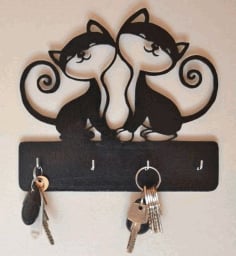 Laser Cut Wooden Cute Cats Couple Wall Key Holder CDR File
