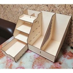 Laser Cut Wooden Desk Organizer with File Rack and Drawer CDR and DXF File