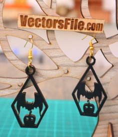 Laser Cut Wooden Earring Bat with Pumpkin Halloween Jewelry Design DXF and CDR File