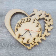 Laser Cut Wooden Heart and Butterflies Wall Clock Vector File