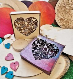 Laser Cut Wooden Heart Gift Box Wedding Ring Heart Box CDR and DXF File