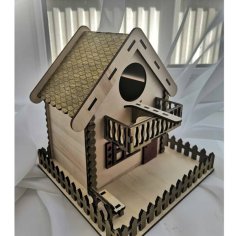 Laser Cut Wooden Modern Birdhouse with Balcony and Patio CDR File
