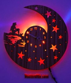 Laser Cut Wooden Moon and Stars Wall Clock with Girl CDR and DXF File