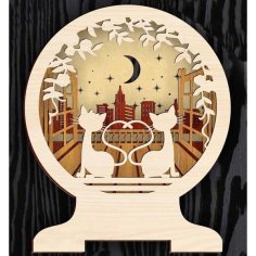 Laser Cut Wooden Multilayer Cat with Moon LED Lamp Vector File