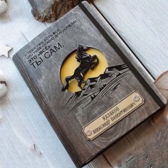 Laser Cut Wooden Notebook Cover with Horse and Mountains Free CDR File