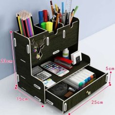 Laser Cut Wooden Office Stationery Desk Organiser Pen Holder Storage Box Drawer SVG File