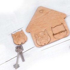 Laser Cut Wooden Owl Wall Key Holder with Owl Keychain DXF File