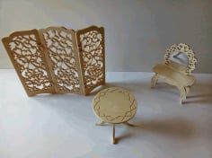 Laser Cut Wooden Room Divider Folding Screen With Furniture Coffee Table Dressing Mirror Table Free DXF Vectors File