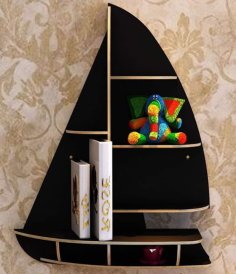 Laser Cut Wooden Sailboat Floating Wall Mounted Storage Shelf CDR File
