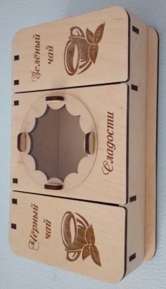 Laser Cut Wooden Tea Box with Engraving Tea Cup Design CDR File