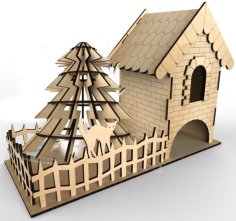 Laser Cut Wooden Tea House with Christmas Tree Vector File