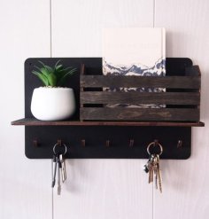 Laser Cut Wooden Wall Key Holder with Display Shelf CDR File
