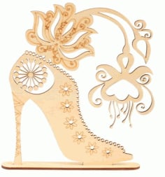 Laser Cut Wooden Woman Shoe with Flower Decoration Vector File