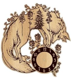 Laser Engraving Fox Wall Clock, Animal Clock Design CDR File