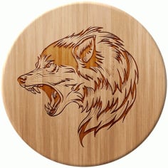 Laser Engraving Wolf Wooden Coaster CDR Vectors File