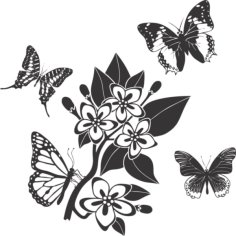 Line Art Butterfly with Flower Silhouette Vector Art CDR File
