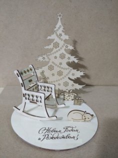 Plywood Christmas Decoration Chair and Cat 3mm CDR File for Laser Cutting