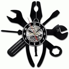 Repair Tools Wrench Pliers Vinyl Record Wall Clock Laser Cut DXF File