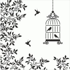 Silhouettes Birds Cage Flowers Illustration Laser Cut CDR File