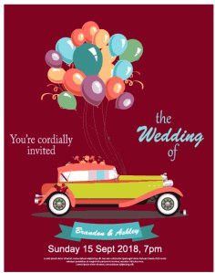 Wedding Banner Design with Vintage Car and Balloons Invitation Card Free Vector