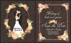 Wedding Card Template Groom Bride Flowers Icons Ornament Free Vector