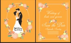 Wedding Card Template Groom Bride Flowers Icons Ornament Illustrator Vector File