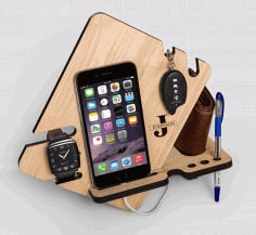 Wood Phone Docking Station With Key Holder Wallet Stand Watch Organizer Men Gift Laser Cut CDR File