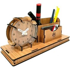 Wooden Clock Desk Organizer Pen Holder and Notepad Holder Free Laser Cut File
