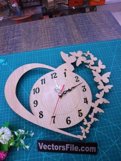Wooden Heart and Butterflies Wall Clock Laser Cut CDR and SVG Vector File